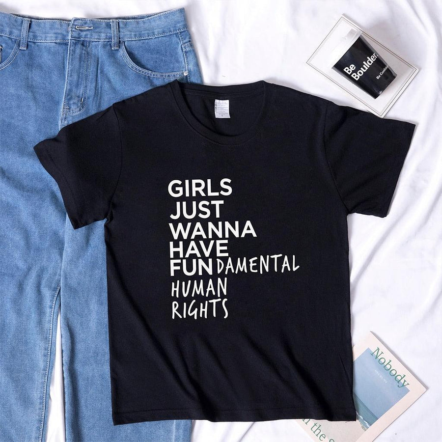 Plus Minus Co Feminist Feminism T Shirt Girls Just Wanna Have Fundamental Human Rights Letter Print T Shirt Women Short Sleeve Summer Tops Tee