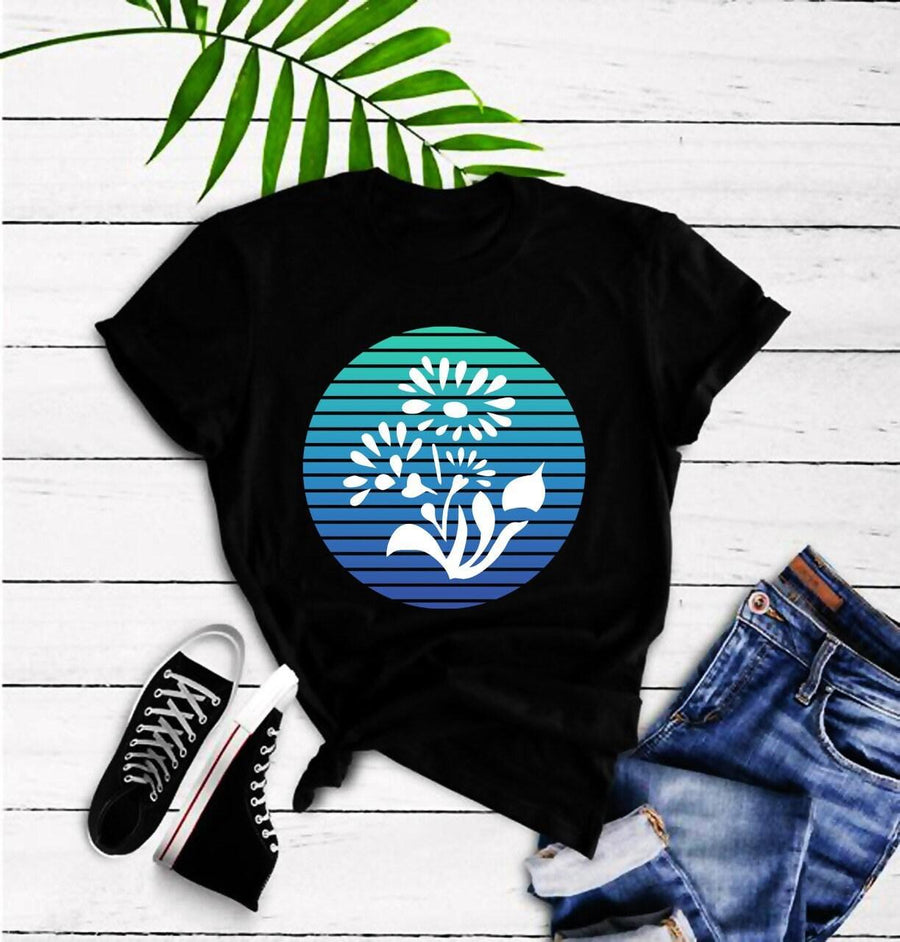 Plus Minus Co Flower Blue | Retro Sunset T-Shirts, Botanical Tee, Flower shirt, Vintage T, plant shirt, botanical t, botanical tshirt