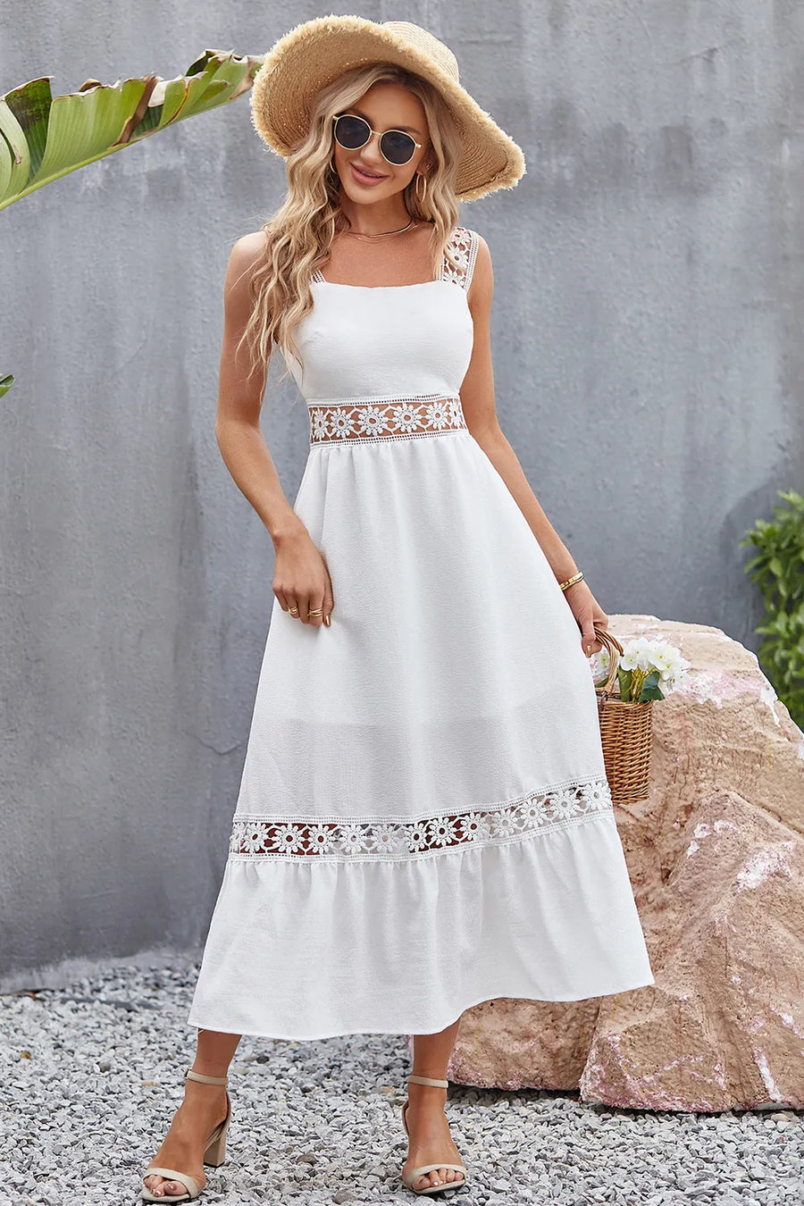 Plus Minus Co Flower Crochet Wide Strap Midi Dress