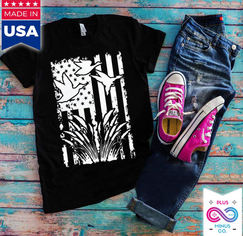Plus Minus Co Flying Duck, American Flag T-Shirts, Duck Hunting Flying Waterfowl Hunter American Flag Camo T-Shirt