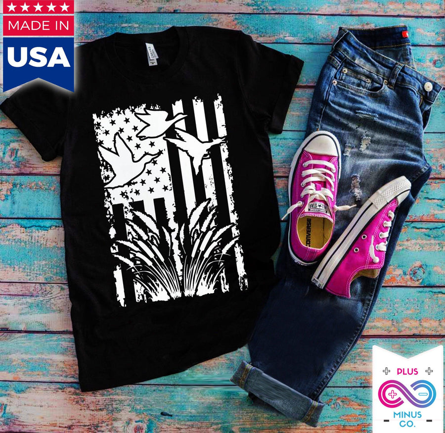 Plus Minus Co Flying Duck, American Flag T-Shirts, Duck Hunting Flying Waterfowl Hunter American Flag Camo T-Shirt
