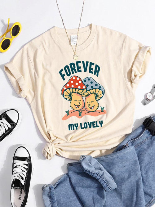 Plus Minus Co Forever My Lovely Cartoons Mushroom Female T Shirt Summer Comfortable Short Sleeve Korean Vintage Clothing Fashion Casual Tshirt