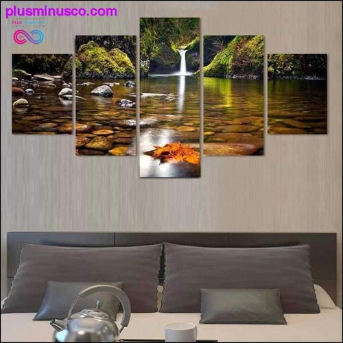 Plus Minus Co Framed 5 Pcs Landscape Painting: The Wall Waterfall Nature