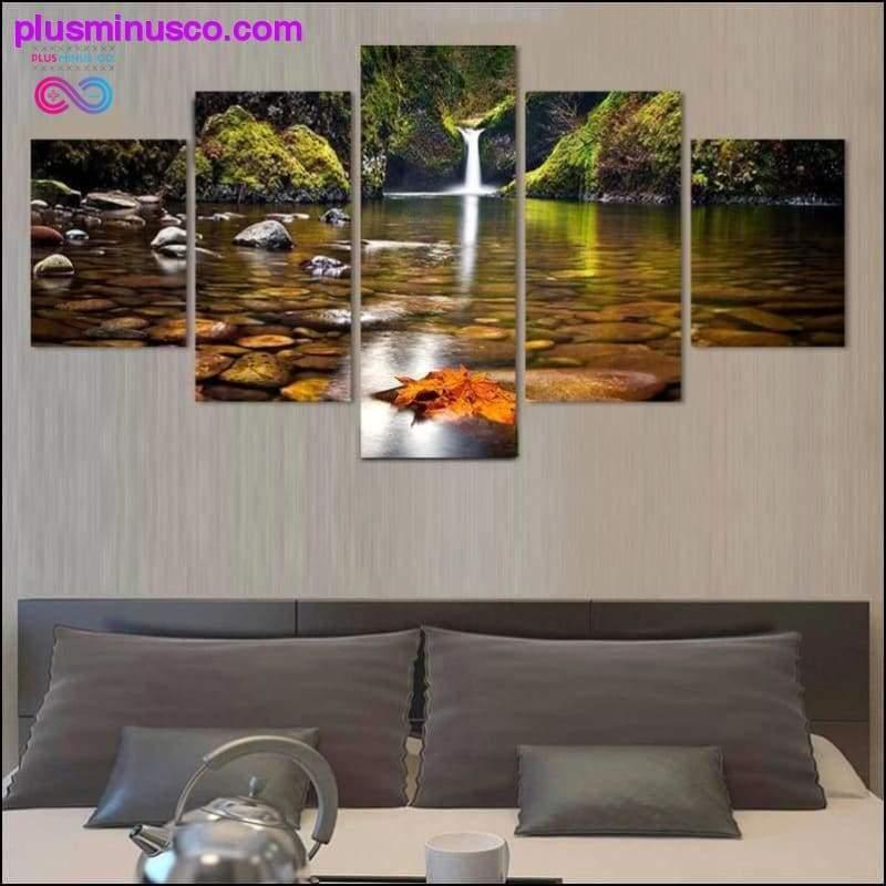 Plus Minus Co Framed 5 Pcs Landscape Painting: The Wall Waterfall Nature