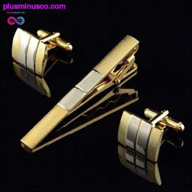 Plus Minus Co Frosted Gold Silver Toned Tie Clips & Cufflinks for Men