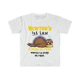 Plus Minus Co Funny Physics Joke Sloth Unisex Shirt, Funny Newton Physics Joke First Law Sleep Gag Gift, Science Pun Joke Sleeping Sloth Shirt, view 4