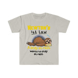 Plus Minus Co Funny Physics Joke Sloth Unisex Shirt, Funny Newton Physics Joke First Law Sleep Gag Gift, Science Pun Joke Sleeping Sloth Shirt, view 5