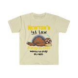 Plus Minus Co Funny Physics Joke Sloth Unisex Shirt, Funny Newton Physics Joke First Law Sleep Gag Gift, Science Pun Joke Sleeping Sloth Shirt, view 6