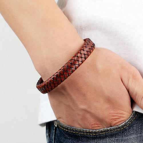 Plus Minus Co Genuine Leather Bracelet Stainless Steel Magnetic Clasp Men