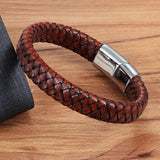 Plus Minus Co Genuine Leather Bracelet Stainless Steel Magnetic Clasp Men, view 3