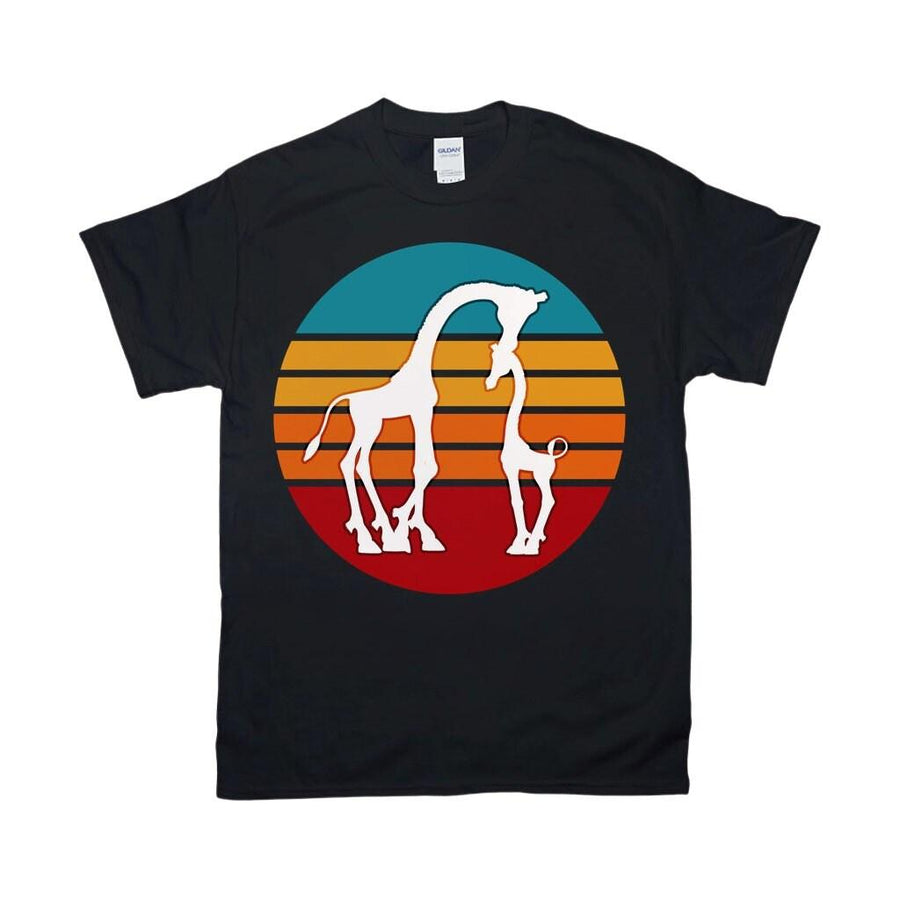 Plus Minus Co Giraffe And Calf | Retro Sunset T-Shirts, Giraffe with Baby - Momma Giraffe and Calf, Christmas Gift