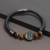 Plus Minus Co Gold Color Bitcoin Bracelet Natural Tiger Eye Stone Luxury Leather Bracelets For Men, view 2