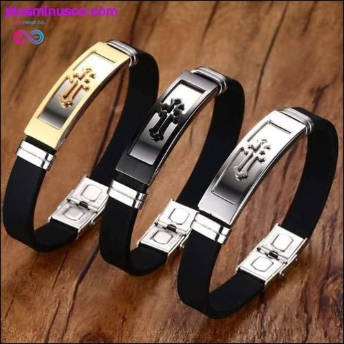 Plus Minus Co Gold Tone Cross Cuff Bracelet for Men Black Rubber Bracelets