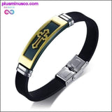 Plus Minus Co Gold Tone Cross Cuff Bracelet for Men Black Rubber Bracelets, view 3