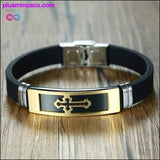 Plus Minus Co Gold Tone Cross Cuff Bracelet for Men Black Rubber Bracelets, view 6