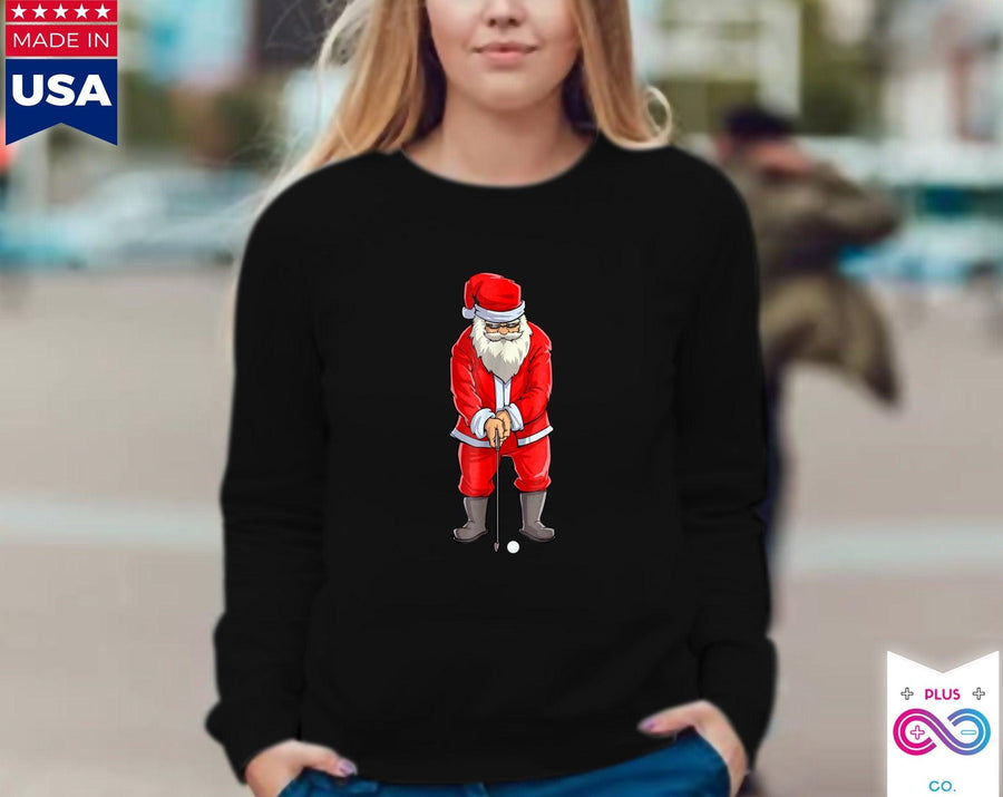 Plus Minus Co Golfing Santa long sleeve, red Santa Golfer Christmas Club Sport Gift, Golf Santa, Santa playing Golf, Golf Lover Christmas Gift,