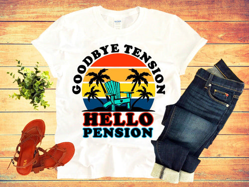 Plus Minus Co Goodbye Tension Hello Pension | Retro Sunset T-Shirts, retirement gift ideas,retirement for woman,retirement party gifts,  retirement gag