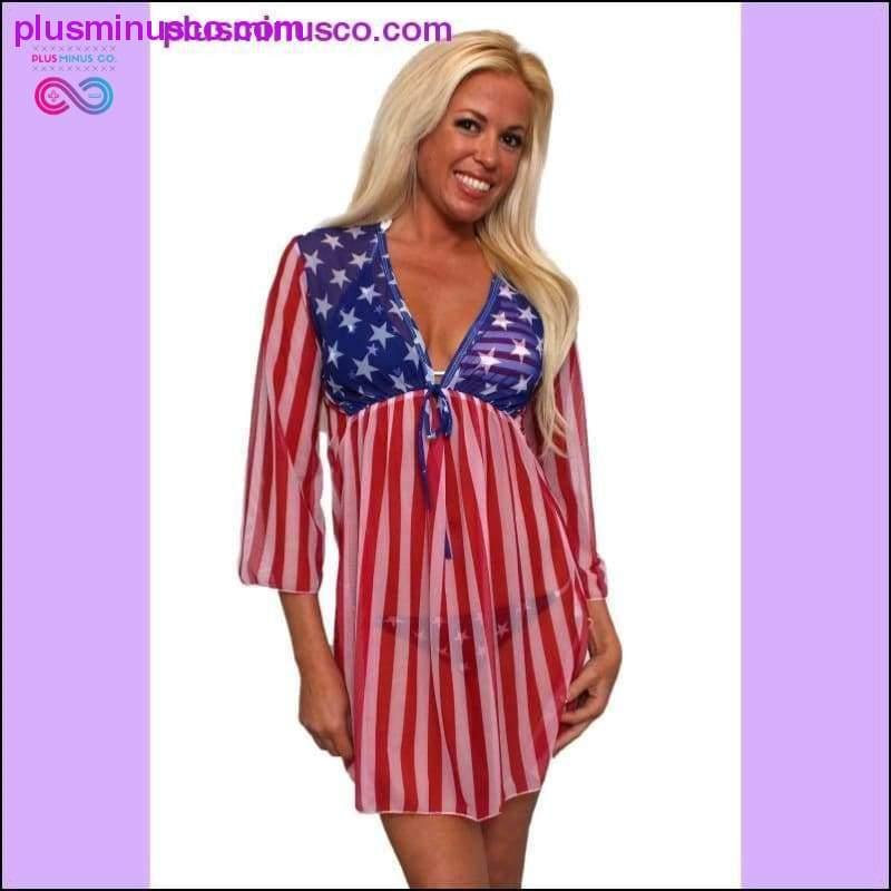 Plus Minus Co Gorgeous USA Flag Long Sleeve Cover-up Beach Dress Stars and