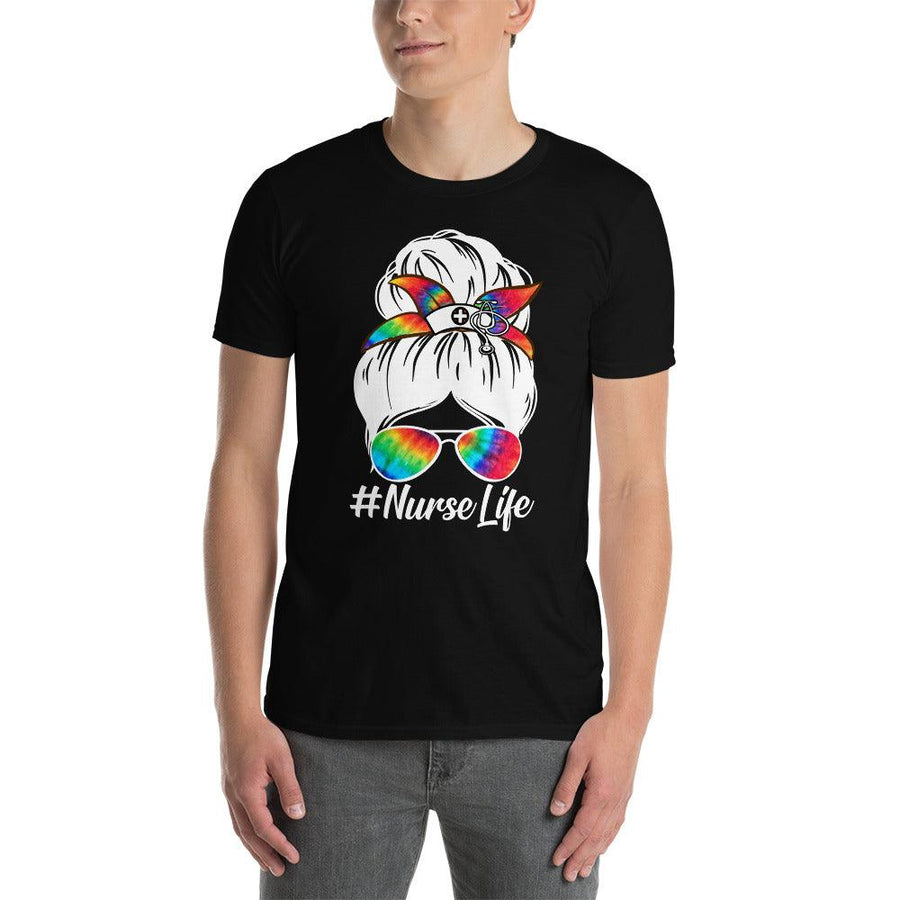 Plus Minus Co Grab This "Nurse Life Funny Messy Bun Hair colorful Glasses t-shirt