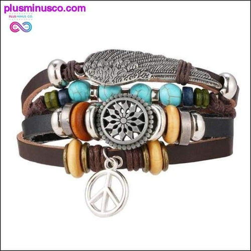 Plus Minus Co Hand-knitted Multi-layer Leather Feather Leaf Bracelet and