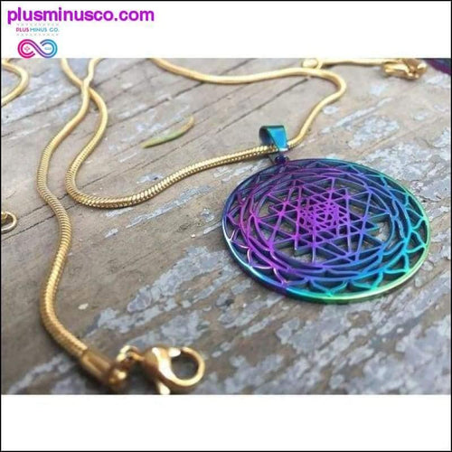 Plus Minus Co Handmade Rainbow Sri Yantra Pendant, 18k Gold Plated