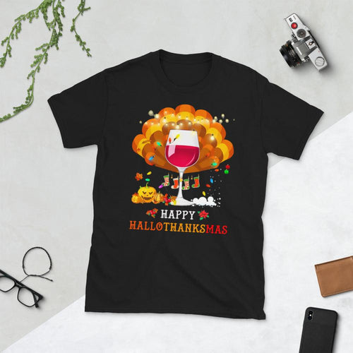 Plus Minus Co Happy Hallo Thanks Mas T-Shirt Funny Halloween Thanksgiving Christmas Alcohol Drinking Wine T-Shirt Short-Sleeve Unisex T-Shirt