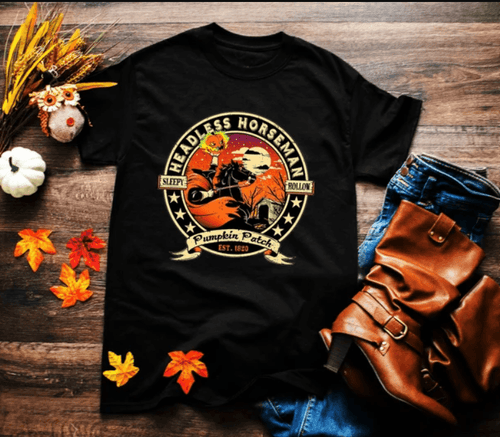 Plus Minus Co Headless Horseman T-Shirts, Patch 1820 Shirt, Sleepy Hollow T-Shirt, Pumpkin Head Shirt, Unisex Family Unisex Softstyle T-Shirt