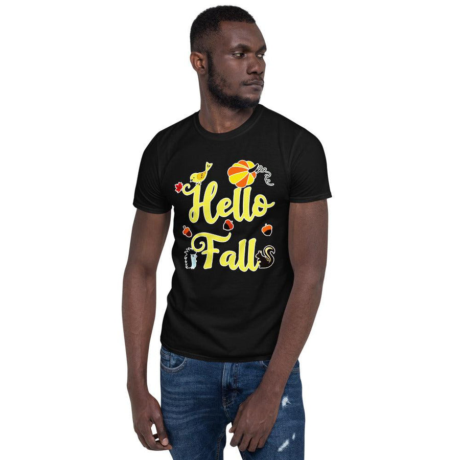 Plus Minus Co Hello FALL Autumn Leaves Shirt, Thanksgiving Pumpkin Shirt, Fall Unisex T-Shirt