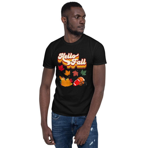 Plus Minus Co Hello Fall Unisex T-Shirt, fall leaves, pumpkin spice latte and football