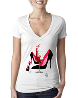 Plus Minus Co High Heel Shoes | Lipstick | Glass Wine | Diamonds ,Fashion High Heel Tee,Womans Red Gold Birthday Next Level Deep V Bella Canvas Tee, view 2