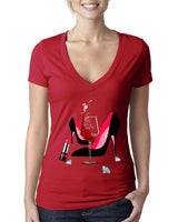 Plus Minus Co High Heel Shoes | Lipstick | Glass Wine | Diamonds ,Fashion High Heel Tee,Womans Red Gold Birthday Next Level Deep V Bella Canvas Tee, view 4