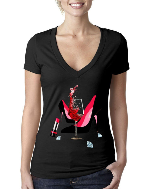 Plus Minus Co High Heel Shoes | Lipstick | Glass Wine | Diamonds ,Fashion High Heel Tee,Womans Red Gold Birthday Next Level Deep V Bella Canvas Tee