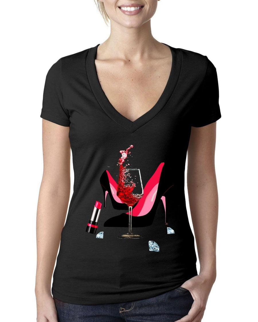 Plus Minus Co High Heel Shoes | Lipstick | Glass Wine | Diamonds ,Fashion High Heel Tee,Womans Red Gold Birthday Next Level Deep V Bella Canvas Tee