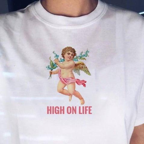 Plus Minus Co HIGH ON LIFE Angel Tshirt Ulzzang Tumblr Angel Printed White T Shirt Aesthetic Tumblr Graphic Tops Summer Short Sleeve Clothes