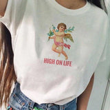 Plus Minus Co HIGH ON LIFE Angel Tshirt Ulzzang Tumblr Angel Printed White T Shirt Aesthetic Tumblr Graphic Tops Summer Short Sleeve Clothes, view 2