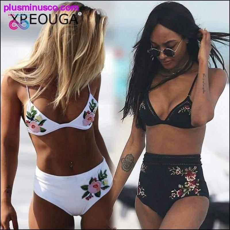 Plus Minus Co High Waist Sexy Embroidery Floral Bikini Sets Hollow White