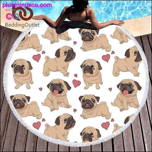 Plus Minus Co Hipster Pug Tassel Tapestry/Round Beach Towel/Yoga Mat