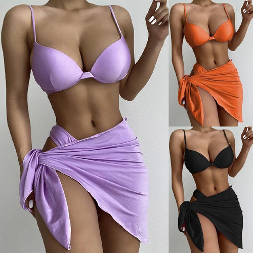 Plus Minus Co Hot Spring New Three-Piece Swimsuit European and American Solid Bikinis Women Swimsuit Underwire Push up Swimsuit Bikini