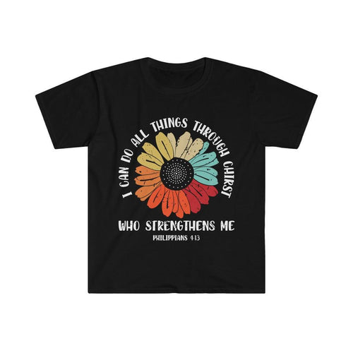 Plus Minus Co I can do all things through Christ who strengthens me, Philippians 4:13, Bible verse, Colorful Flower, Unisex Soft style T-Shirt