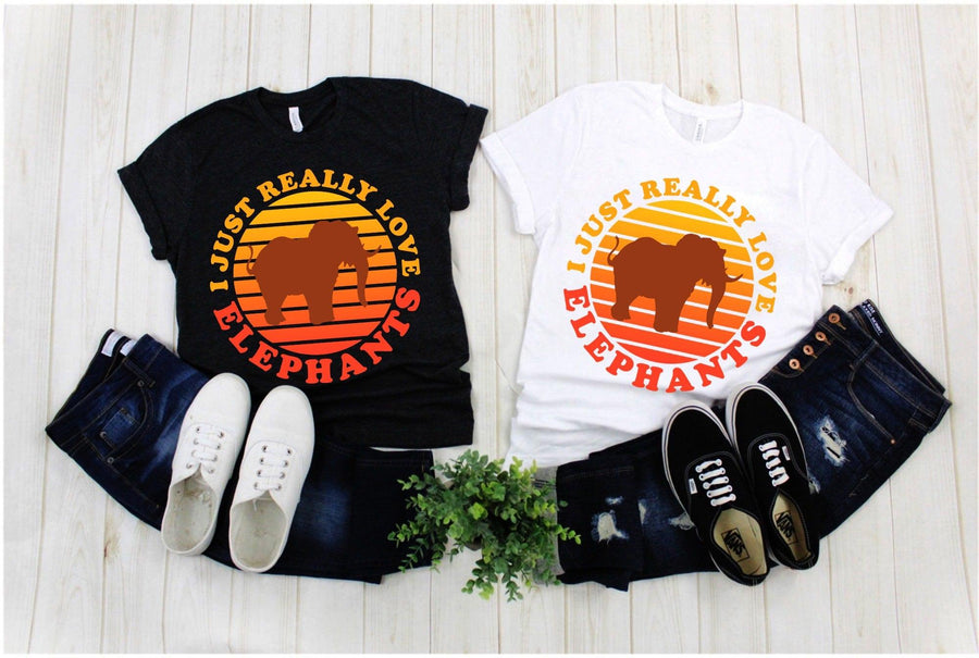 Plus Minus Co I Just Really Love Elephants | Retro Sunset T-Shirts