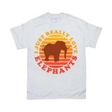 Plus Minus Co I Just Really Love Elephants | Retro Sunset T-Shirts, view 3