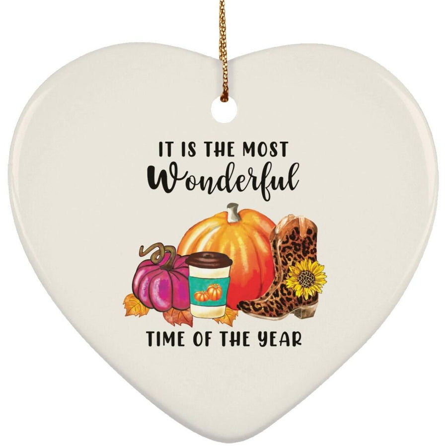 Plus Minus Co Its the most wonderful time of year Ceramic Heart Ornament, happy fall pumpkin latte, fall leaves, pink pumpkin necklace