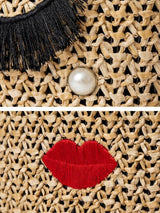 Plus Minus Co Japanese Cartoon Embroidery Pearl Grass Woven Bag, view 6