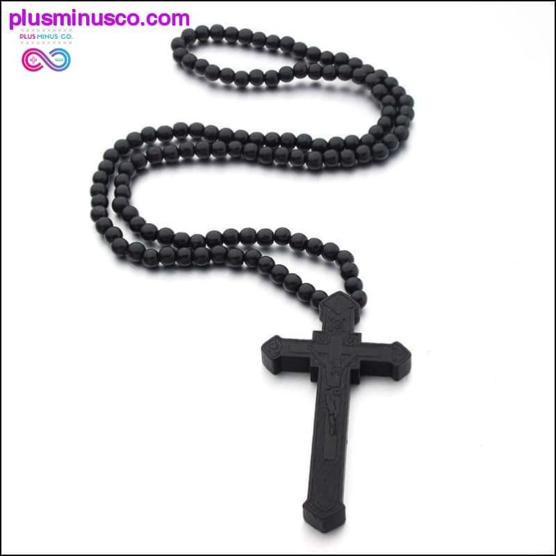 Plus Minus Co Jesus Cross With Wooden Bead Carved Rosary Pendant Long
