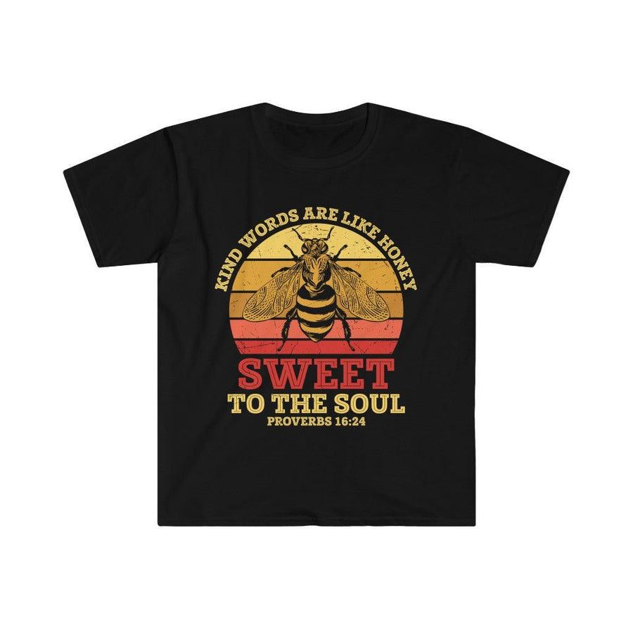 Plus Minus Co Kind words are like honey, sweet to the soul, Proverbs 16:24 Unisex Soft style T-Shirt