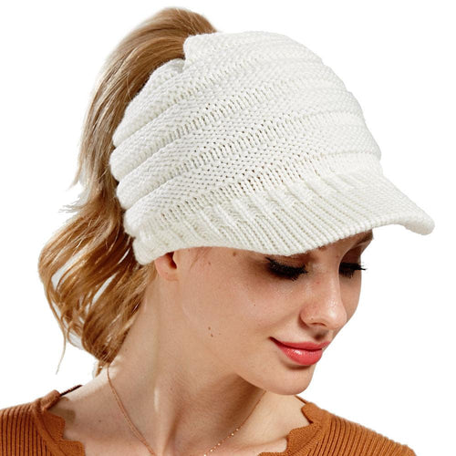 Plus Minus Co Knitted Baseball Cap Messy Bun Beanie Women Ponytail Beanies Autumn Winter Hats Female Soft Knitting Caps Warm Ladies Skullies