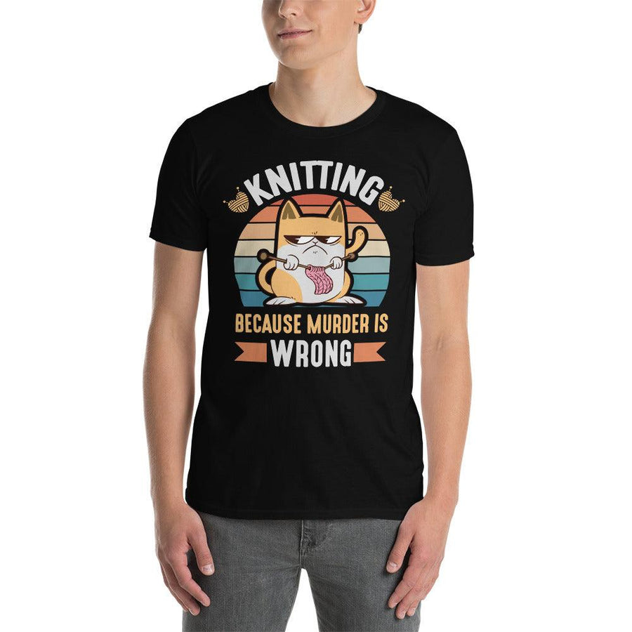 Plus Minus Co knitting because murder is wrong t-shirt