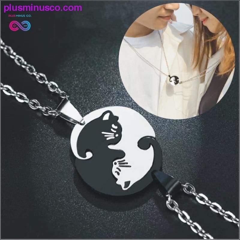 Plus Minus Co New Love Cat Pendant Couple Stitching Necklace Fashion Creative 2 pcs Titanium Steel Couple Necklaces Black and White Kitten Hug Round Splicing Pendants