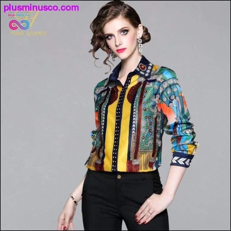 Plus Minus Co Lady Blusa Turn-down Collar Vintage Print Tops New Elegant