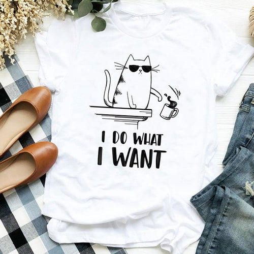 Plus Minus Co Lady Cat Funny Coffee Short Sleeve Cute Print Casual T Tee Womens Tshirt for Female Shirt Clothes Top Graphic T-shirt